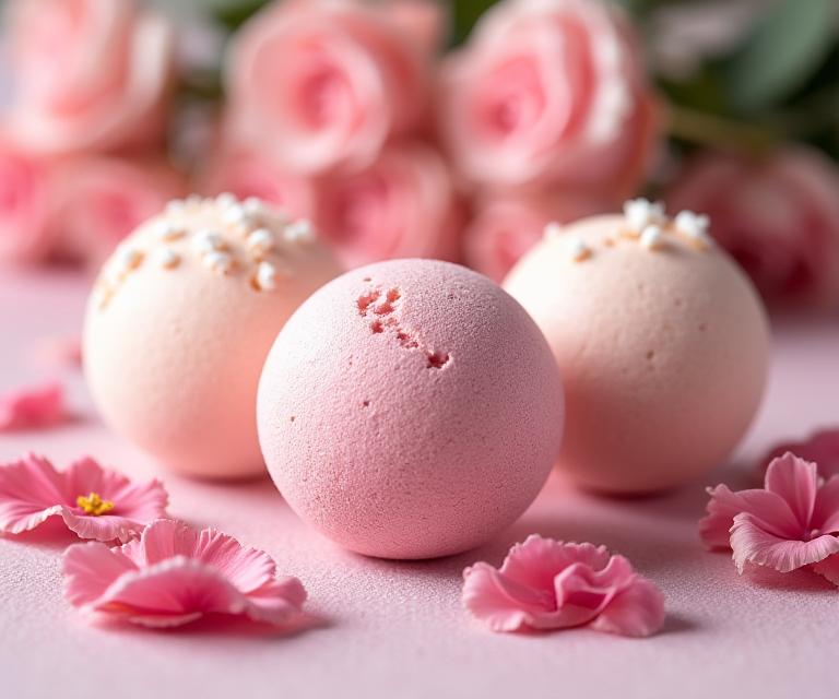 A set of three handmade rose and geranium bath bombs.