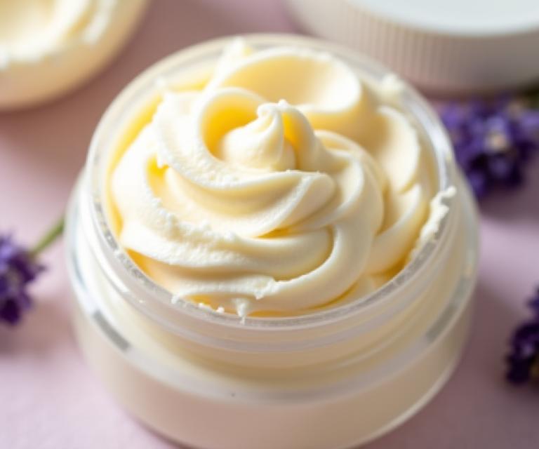 An open jar showing the whipped texture of shea and lavender body butter.